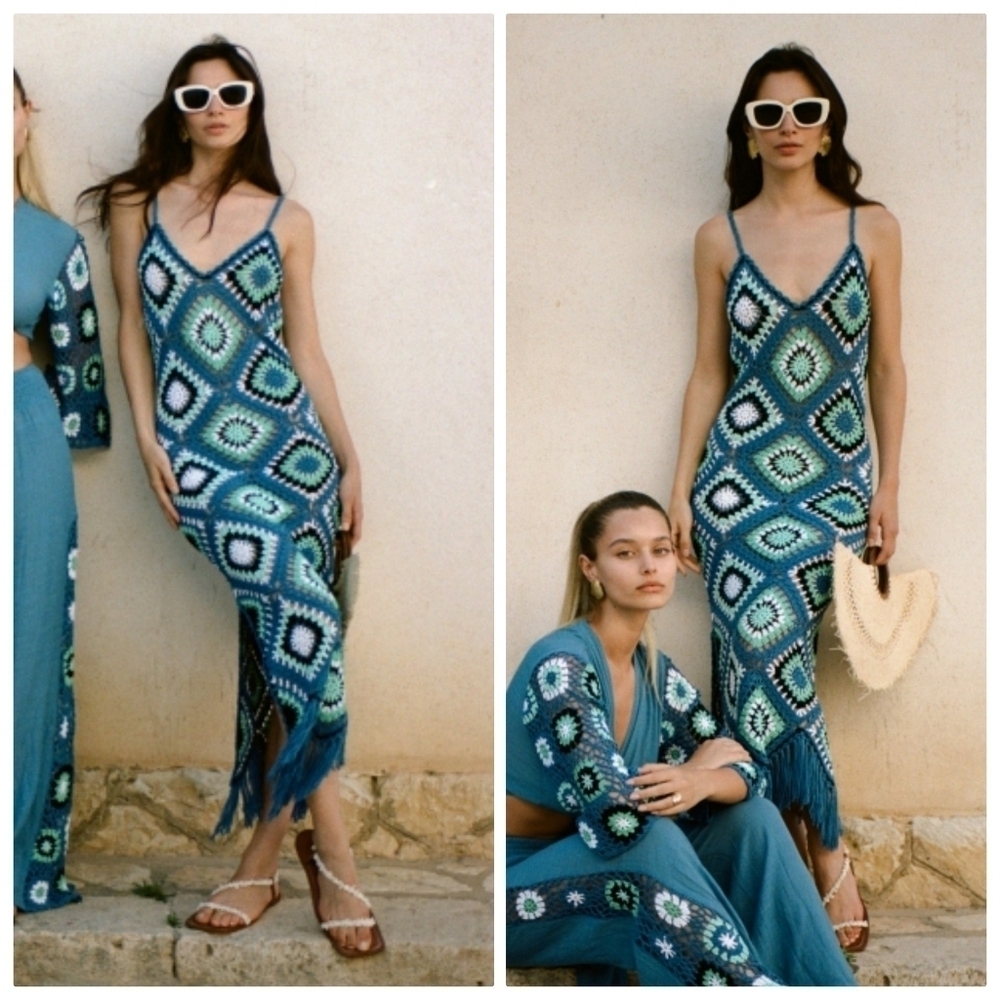 New Elan Aleki Diamond Crochet Blue Multicolor Maxi Dress/Swim Cover-Up Large